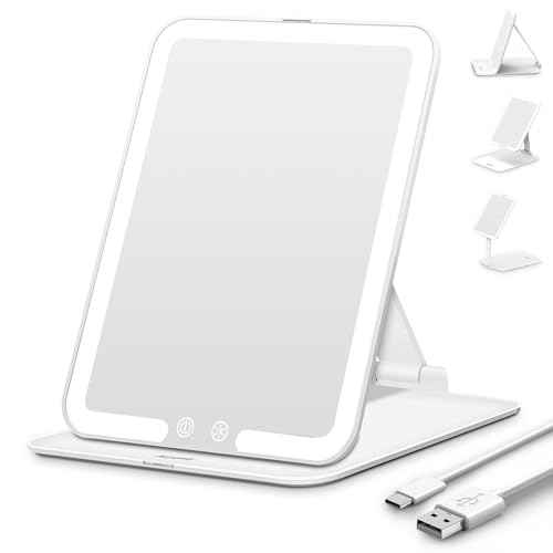 Auxmir Travel Makeup Mirror with Light, Portable Folding Lighted Travel Makeup Mirror with 72 LEDs, Rechargeable Compact Vanity Mirror with 3 Dimmable Color Lights, Adjustable Height and Angle, White