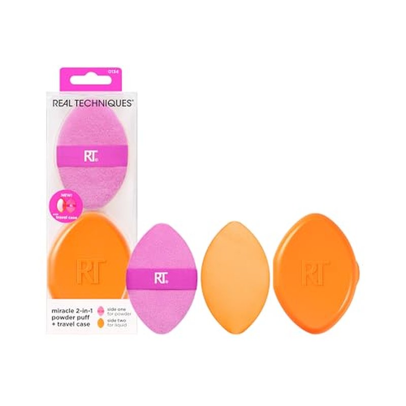 Real Techniques Miracle 2-In-1 Powder Puff + Travel Case, Dual-Sided Makeup Blending Puff, Elastic Band, Precision Makeup Sponge & Powder Puff, For Liquid, Cream & Powders, Travel Case, 2 Count