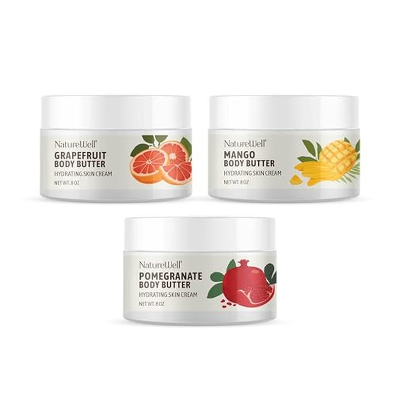 NATURE WELL Shea Body Butter Variety Pack, Includes Grapefruit, Mango, & Pomegranate, Provides Ultimate Nourishment & Hydration, 3 Pack (8 Oz Ea)
