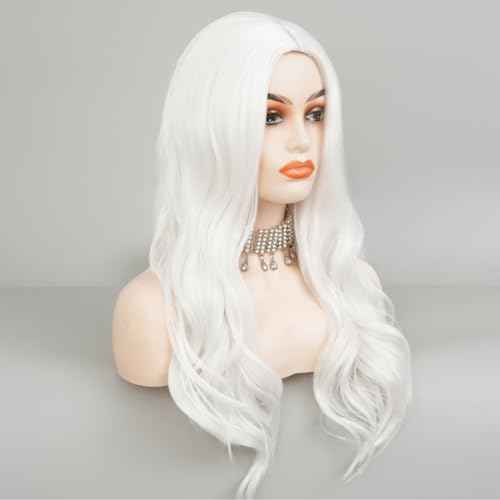 White Cosplay Wigs for Women Long Curly Wavy Middle Part Wig Heat Resistant Fibre Hair Wig for Halloween Costume Party Use