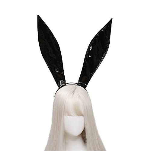 Black Leather Bunny Ear Headband Bendable Rabbit Ears Cosplay Headwear Halloween Party Hair Hoop for Adult