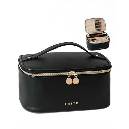Prite Makeup Bag Portable Cosmetic Organizer with Brush Holder Waterproof Travel Toiletry Bag for Women with Handle and Divider (Black)