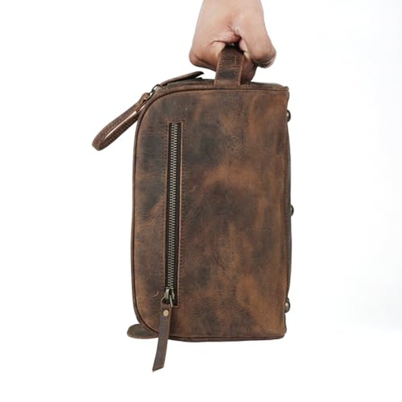 KomalC Leather Toiletry Bag For Men & Women, Handcrafted Buffalo Leather Travel Kit, Water-Resistant Shaving Bag For Men Travel, Premium Rustic Toiletry Pouch with Zipper Closure