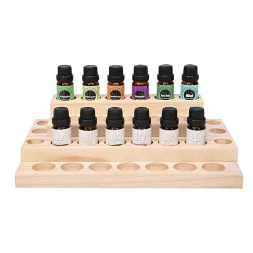 VolksRose 4-Tier Essential Oils Storage Rack, Wooden Essential Oils Nail Polish Display Holder Shelf, Cosmetic Perfume Essential Oil Organizer Stand - 30 Slots for (5ml 10ml 15ml 20ml) Bottles