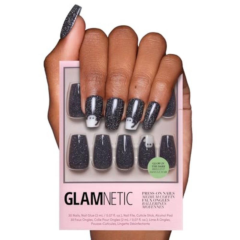 Glamnetic Press On Nails - Phantom Glow | Opaque Black Glitter & Glow-in-the-Dark Ghost Medium Coffin Fake Halloween Nails, Salon Quality | 15 Sizes - 30 Nail Kit