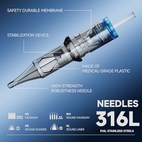 50 Pcs Disposable Tattoo Cartridge Needles #10 Bugpin Assorted Mixed Size Round Liner - 10 Pcs each of 3RL 5RL 7RL 9RL 11RL with Membrane Safety Cartridges for Rotating Tattoo Pen Machine Gun