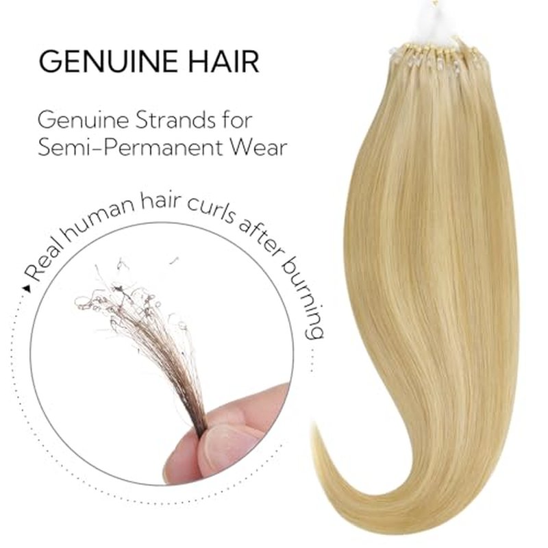 HOTBANANA Micro Ring Hair Extensions Human Hair, 24 inch 50g 50s Light Blonde Highlighted Golden Blonde Micro Beads Real Human Hair Extensions Straight Micro Link Micro Loop Hair Extensions