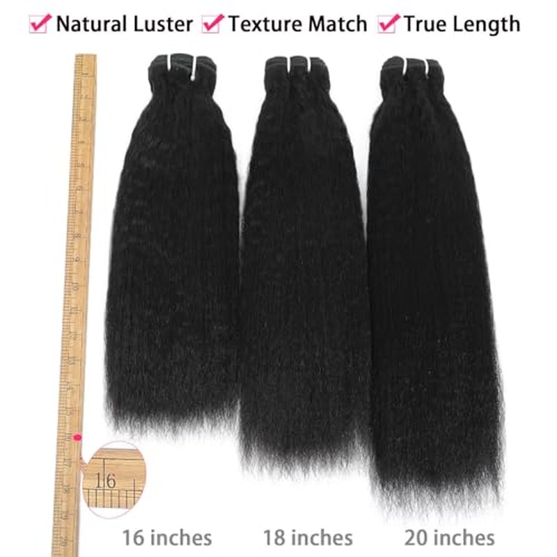 Kinkystraight Human Hair Bundles 3 Bundles 12A 100% Unprocessed Brazilian Virgin Hair Kinky Curly Bundles Human Hair Extensions for Women Quick Weave Yaki Straight Bundles (18 20 22 inch)