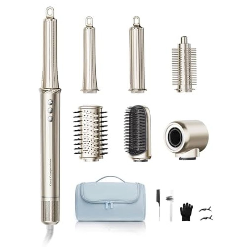 6-in-1 Hair Dryer Brush, Hair Styler with Automatic Curlers, 150,000 RPM High-Speed Negative Ionic Hair Dryer Fast Drying, Blow Dryer Brush for Curling/Volumizing/Straightening with Travel Bag, Gold