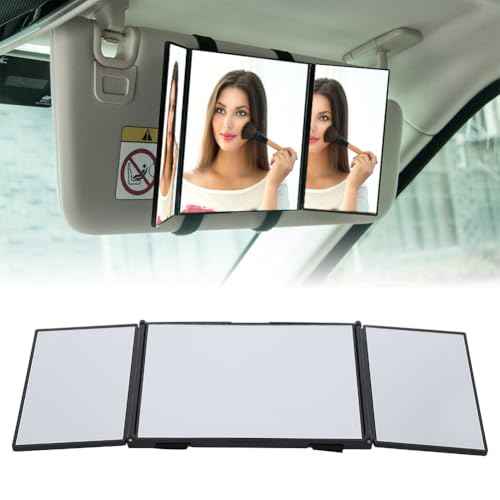 Joyzan Foldable Makeup Mirror, Car Trifold View Mirror Folding Visor Vanity Tri Fold Portable High Definition Cosmetic Travel Sun Universal Hook Loop Home Auto Truck SUV Clip On Rear Women Girl