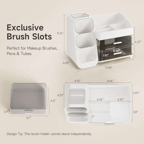 Delamu Makeup Organizer Countertop, Spacious Cosmetic Display Case with Makeup Brush Holder, Perfect Vanity Bathroom Organizer and Storage, Ideal Christmas Gifts for Women Girls, White