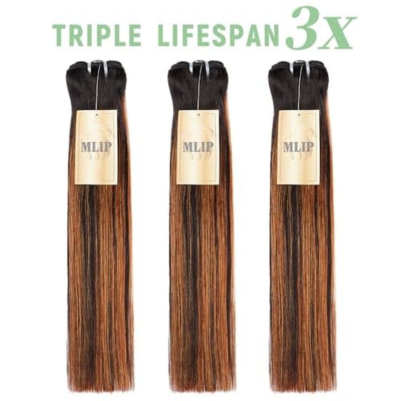 mlip Raw Bundles Human Hair Straight, No Tangle Shedding, Keep Texture Silky Soft After Multiple Washes, 15A Raw Indian Hair Bundles 20 Inches, Brown Highlight Bundles