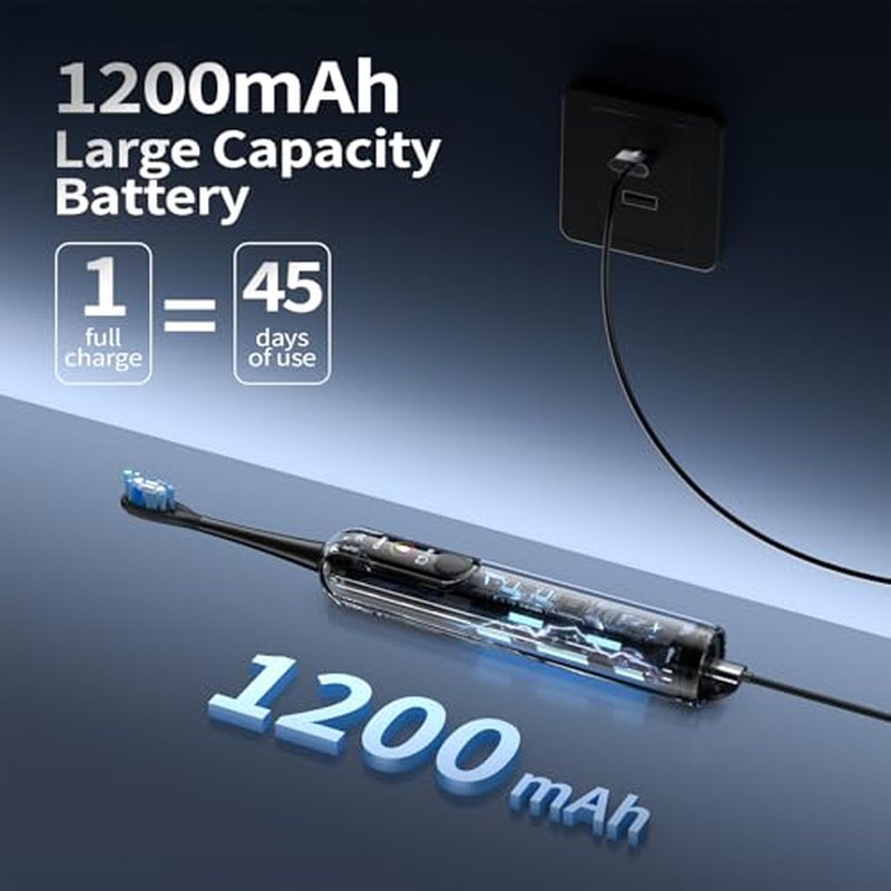 Sonic Electric Toothbrush for Adults: 38400 VPM Deep Clean with Smart Display, 6 Brush Heads, 4 Modes & 45-Day Battery, IPX7 Waterproof Rechargeable Toothbrushes Built-in Smart Timer for Home/Travel