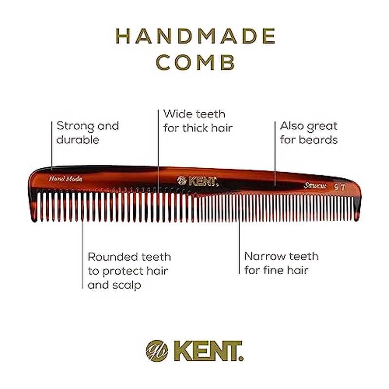 Kent 9T Tortoiseshell Fine Tooth and Wide Tooth Comb - Large Handmade and Saw-Cut Fine Hair Dressing Comb - Wet Hair Detangler Combs for Women and Durable Grooming Made in England