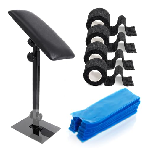 Tattoo Arm Rest Stand with Pen Covers 200 pcs & Grip Tape 4 pcs, Adjustable Height and Tilt Tattoo Equipment