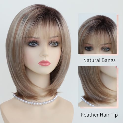 RENERSHOW Layered Blonde Bob Wigs for White Women with Bangs Straight Short Hair Wig Synthetic Ombre Blonde Highlight Bobo Haircuts 12inch Average Size Natural Daily Party Wig