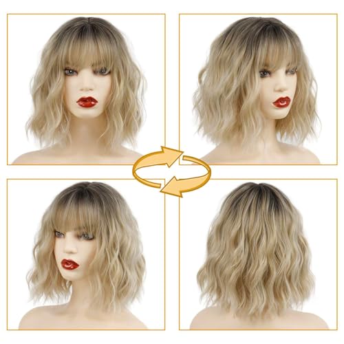 MISSQUEEN Ombre Short Blonde Wigs with Bangs Synthetic Wavy Blond Bob Wig Curly Heat Resistant Blonde Hair Wig for Women Daily Party Halloween Use