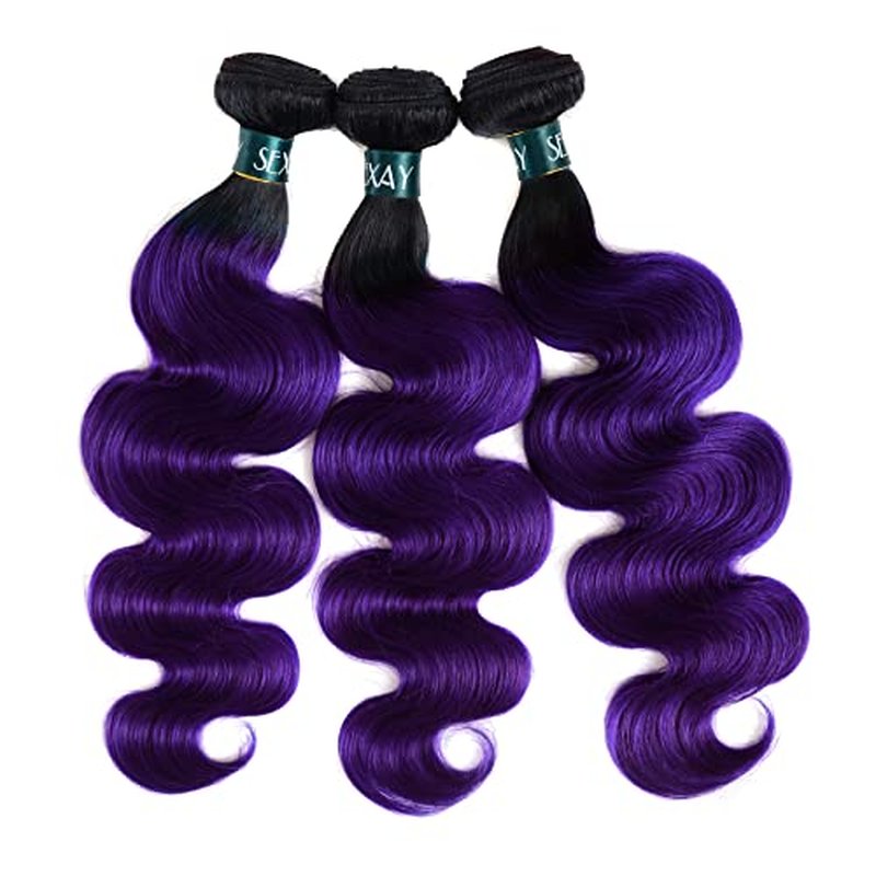 Purple Bundles Body Wave Human Hair Weave 3 Bundles Virgin Hair, Brazilian Remy Hair Ombre 1b/Purple 2 Tone Ombre Hair Wavy For Women(141618)