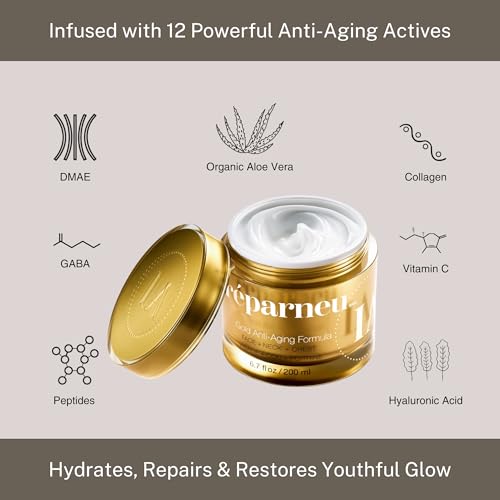 InfiniteAloe r?parneu Gold Anti-Aging Formula, Neck Firming, Face Tightening, Anti Wrinkle Face Cream - Organic Aloe Powered with Collagen, Peptides & Retinyl - 0.5oz Jar