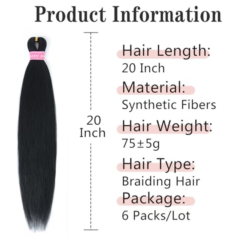 Black Braiding Hair Pre Stretched 20 Inch 6 Pack Synthetic Braids Hair Extensions for Women (1B)