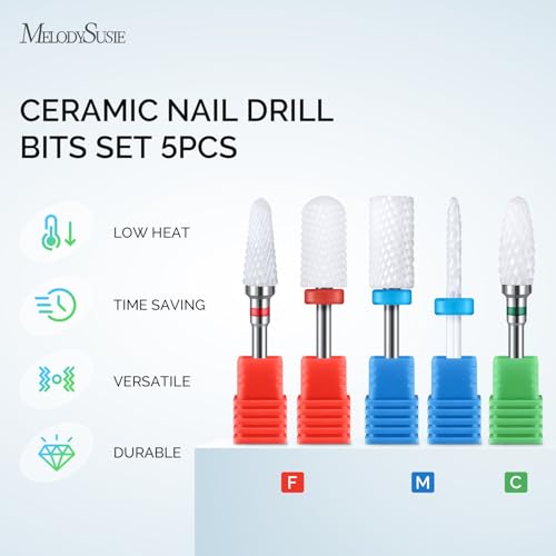 MelodySusie Ceramic Nail Drill Bits Set, 3/32'' (2.35mm) Professional Acrylic Nail File Drill Bit for Manicure Pedicure Cuticle Gel Nail Polishing 5Pcs