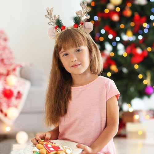 SARATA Christmas Headbands for Women Glitter Powder Bell Hair Hoop Elk Hair Band Reindeer Antlers Headband Women Girls Hair Access Headdress for Party 1PCS (Golden)