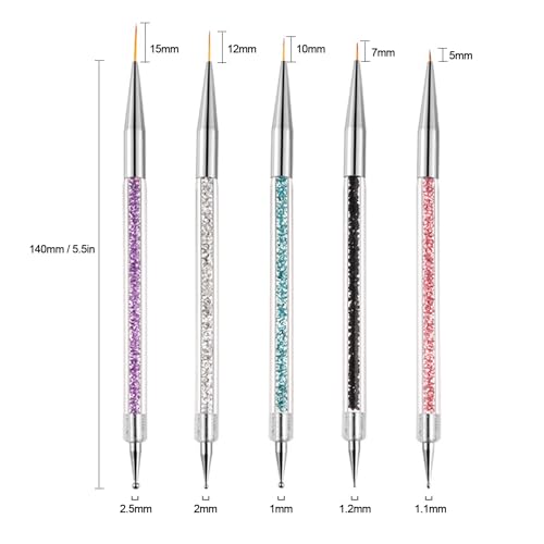 AIBEE Nail Art Brushes, 5pcs Double-Ended Acrylic Nail Brush Set with 5/7/10/12/15mm Nail Liner Brushes and Dotting Pens for French Nails