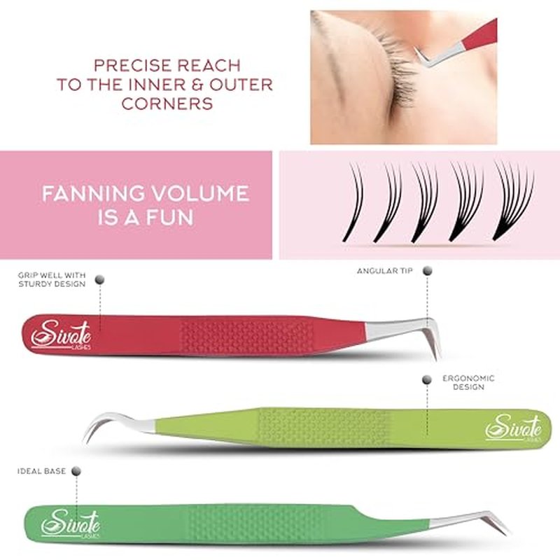 SIVOTE Lash Tweezers for Eyelash Extensions Fiber Tips, Set of 3, 45 Degree, Curved, Volume Boot, Dark Green Red Green