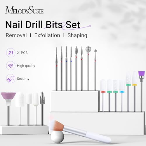 MelodySusie 21pcs Nail Drill Bit Set, Professional 3/32'' Ceramic Diamond Carbide Acrylic Gel Nail Art Tool Kit, Cuticle Remover Bit for Acrylic Gel Dip Powder, Nail Manicure Pedicure, Salon Home