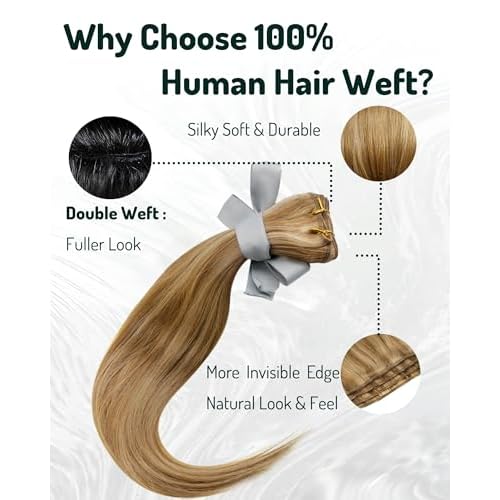 RUNATURE Weft Hair Extensions Human Hair Dark Blonde with Light Blonde Weft Human Hair Extensions Straight Sew in Hair Extension Real Human Hair Wefts Sew in Bundles Human Hair Weaving 14 Inch 100g