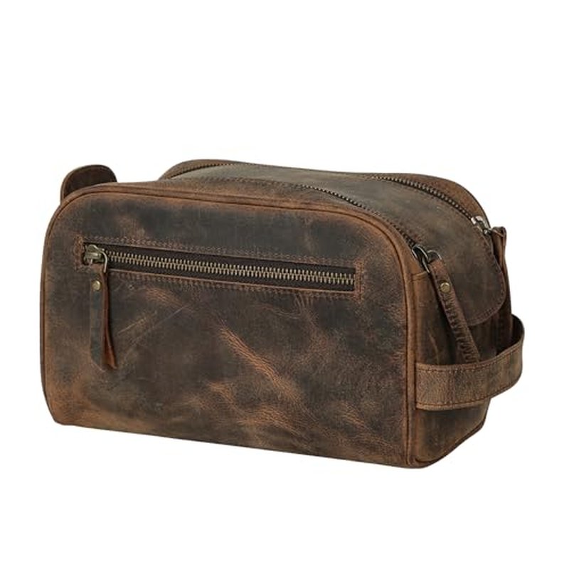KomalC Leather Toiletry Bag For Men & Women, Handcrafted Buffalo Leather Travel Kit, Water-Resistant Shaving Bag For Men Travel, Premium Rustic Toiletry Pouch with Zipper Closure