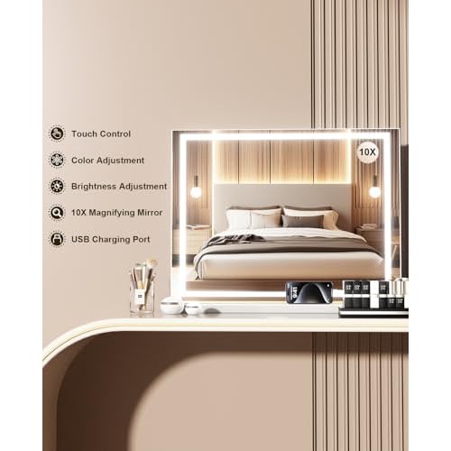 Vanity Mirror with Lights, 23" x 18" Makeup Mirror, Lighted Makeup Mirror with 3 Color Modes & Adjustable Brightness, Detachable 10x Magnification and USB Charging Design (White)