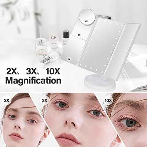 Makeup Mirror Vanity Mirror with Lights 1X 2X 3X 10X Magnification, Lighted Makeup Mirror, Touch Control, Tri-Fold Portable LED Makeup Vanity, Two Power Supply Modes, White