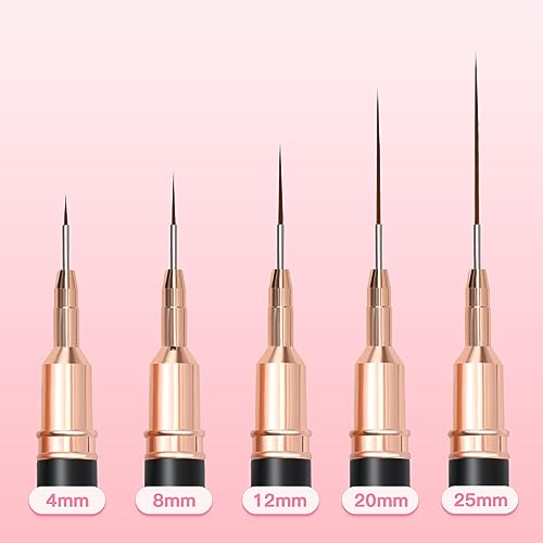Metallic Nail Art Brushes, 5Pcs Liner Brush Set, UV Gel Polish Painting Art Design Pen for Long Lines, Thin Details, Fine Drawing Sizes 4/8/12/20/25mm(Black)