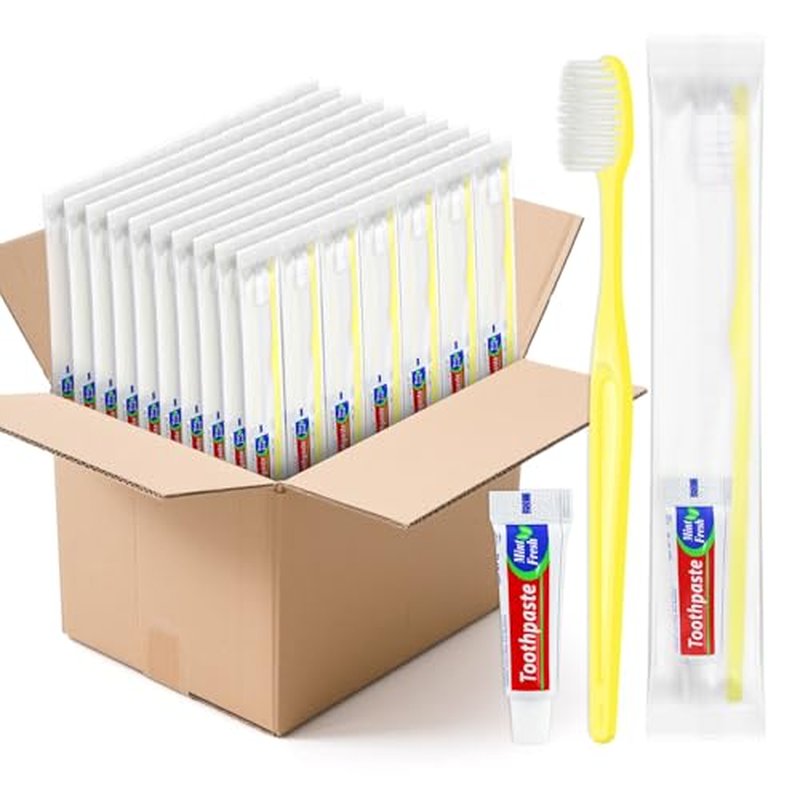 Yellow Disposable Toothbrushes with Toothpaste - Pack of 500,Individually Wrapped Single Use Travel Toothbrushes Kit Bulk for Homeless,Guests,Hotel,Dentist