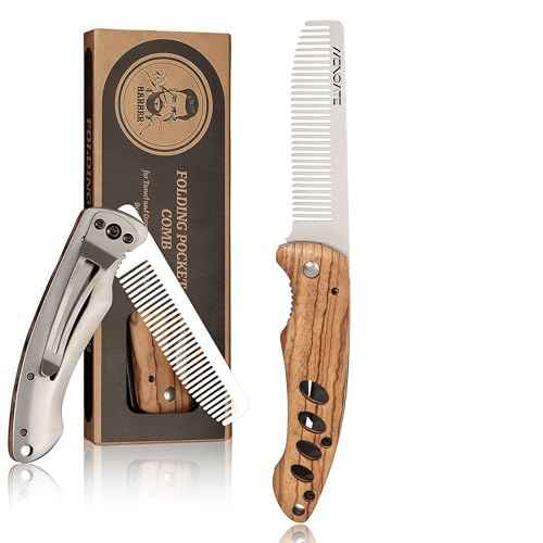 1PC Small Folding Pocket Beard & Mustache & Hair Styling Comb for Men - Metal Tactical Grooming Tool with Wooden Handle, with 180¡Æ Rotatable for Outdoor Travel & Home Use - Length 6.57inch