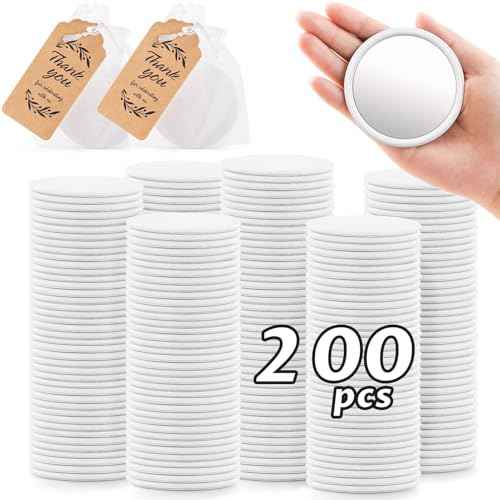 200 Pcs White Compact Mirror Bulk Portable Makeup Travel Mirror Round Makeup Mirror for Purse Great Gift Small Purse Mirror Vintage Pocket Mirror with Tag and Organza Bag for Women Travel Daily Use