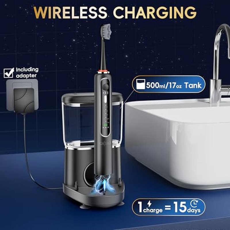 Electric Toothbrush with Water Flosser Combo in One, Professional Flossing Toothbrush for Teeth Cleaning and Flossing, Plaque Removal, Rechargeable, 5 Brush Modes & 3 Flossing Speeds, 500ML