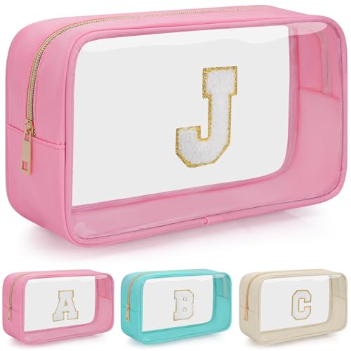 Personalized Initial Clear Makeup Bag, Travel Chenille Patch Cosmetic Bag, Preppy Toiletry Bag Monogram Cosmetic Pouch with Zipper, Ideal Gift for Teen Girls Women (Pink, J)