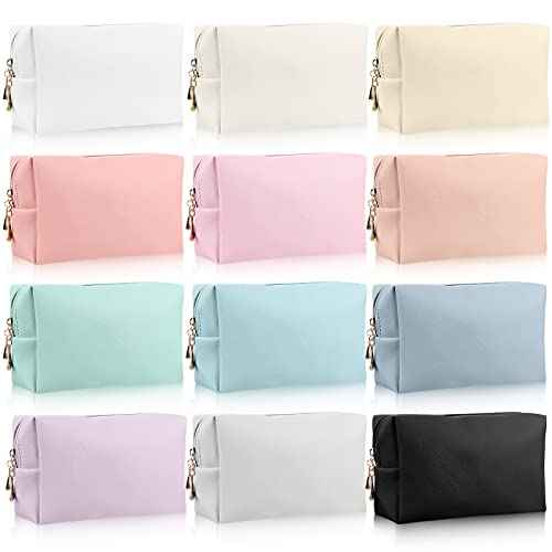 Jexine 12 Pieces Small Makeup Bag Water Resistant PU Leather Cosmetic Bag Travel Mini Pouch Zipper Portable Small Toiletry Purses for Women Makeup Cases Storage Organizer Daily Use, 12 Colors