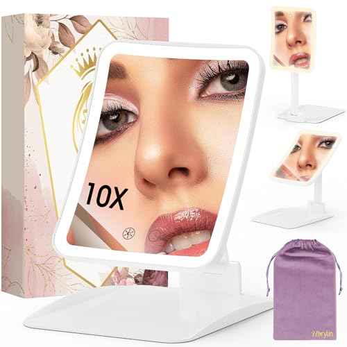 Travel Makeup Mirror with Lights and Magnification 10X, Upgraded Triple-Fold Portable Magnifying Mirror, Adjustable Height/Angle Desk Mirrors with 3-Color Dimmable LED Vanity Mirror, White