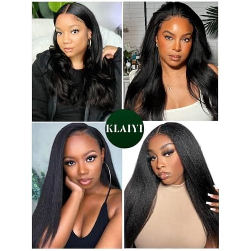 KLAIYI Yaki Straight Bundles Human Hair Weaves Unprocessed Real Virgin Hair Sew In Extensions 3 Bundles 8 10 12 Inch, 12A Kinky Straight Double Wefts for Women Cllip In Light Yaki Natural Black Color