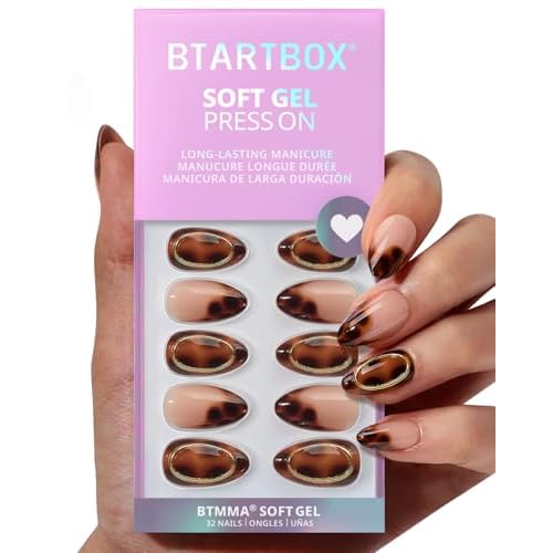 BTArtbox Press On Nails Almond - Amber Hoops, Tortoise Shell Short French Tip Press On Nails with Glue and Adhesive Tabs for Women, Soft Gel Glue On Nails in 16 Sizes - 32 Stick On Nails Kit