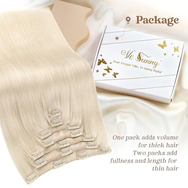 Ve Sunny Blonde Clip in Hair Extensions 22inch Platinum Blonde Human Hair Extensions Clip ins Long Hair Clip in Human Hair Extensions Color 60 Add Hair Length 7pcs 120g