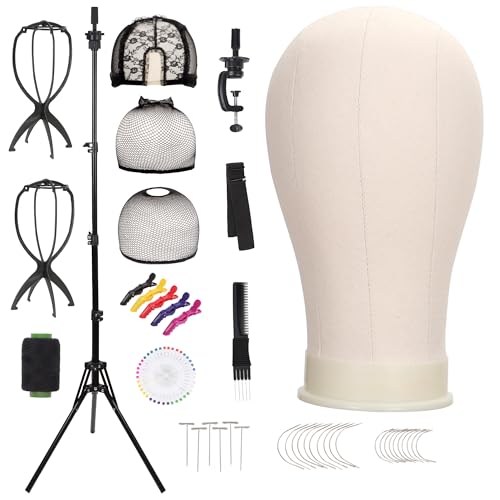 22'' Canvas Wig Head with 61'' Adjustable Tripod Stand, Mannequin Head Set for Styling, Display ? Includes Caps, Elastic Bands, Stand & Tool Kit for Beginners and Professionals
