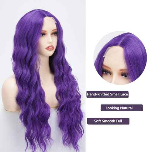 Purple Wigs for Women Lace Front Dark Purple Wig Middle Part Long Curly Wavy Wig,Synthetic Heat Resistant Hait for Daily Cosplay Party Holiday