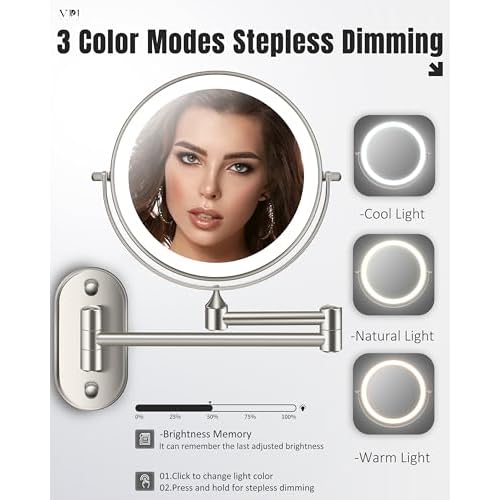 Wall Mounted Makeup Mirror with Light, 20X/1X 8'' Double Sided LED Magnifying Bathroom Lighted Vanity Mirror with Magnification, 3 Color Light up Touch Dimmable Extended Arm 360 Rotation