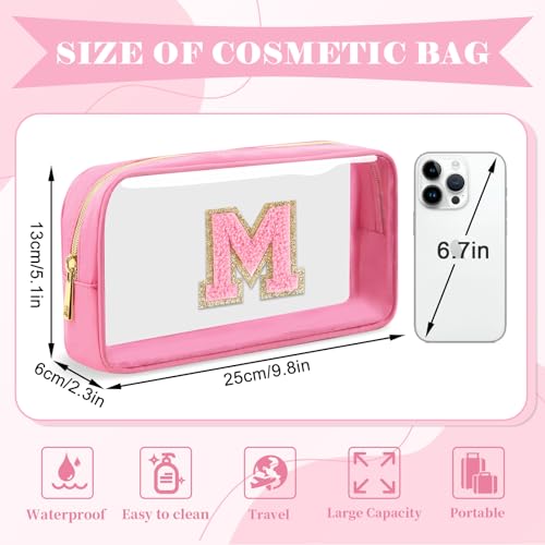 Personalized Initial Letter Clear Makeup Bag,Preppy Small Nylon&PVC Cosmetic Zipper Bag with Chenille Letter,Portable Beach Travel Skincare Toiletry Bag,Trendy Monogram Gift for Teen Girls Women,M