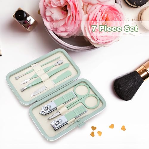 Manicure Set-Stainless Steel Nail Care Set-Professional 7 in 1 Ingrown Toenail Clipper Grooming Tool-Pedicure Kit & Toe Nail Cutter-Thick Nail Scissors Toiletries with Cuticle Trimmer (Green)