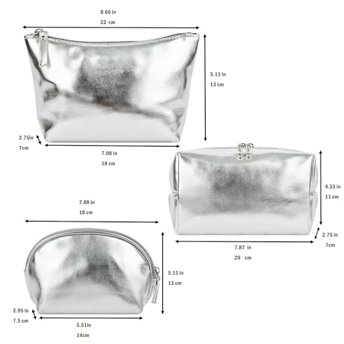 3pcs Make up Bag Set Travel Makeup Bags for Women Leather Cosmetic Bag Toiletry Organizer Bag Personalized Makeup Pouch Skincare Bag Silver